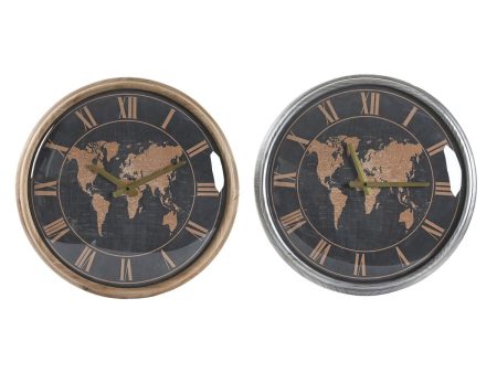 Wall Clock DKD Home Decor 46 x 6,5 x 46 cm Crystal Silver Black Golden Brown Iron World Map (2 Units) Fashion