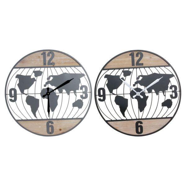 Wall Clock DKD Home Decor Black Grey Iron 60 x 4,5 x 60 cm MDF Wood World Map (2 Units) Online Sale