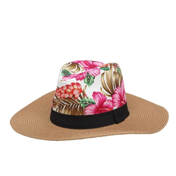 Wide-brimmed Straw Hat Flowers Pink Hot on Sale