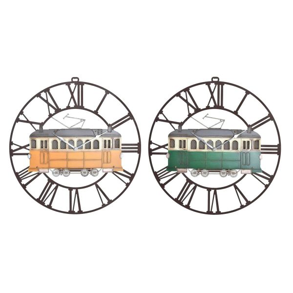 Wall Clock DKD Home Decor 49,5 x 3,5 x 48 cm Metal Green Yellow Vintage Train (2 Units) For Discount