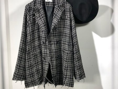 EWQ   Men s Clothing 2019 Spring New Causl Coat Black Gray Plaid Loose Blazers Personality Double Breasted Jacket Tide 9Y38301 Fashion